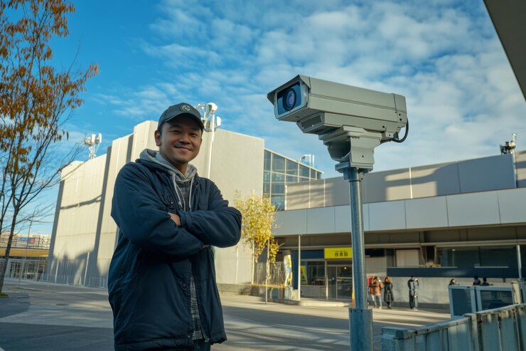 Foto hombre de pie frente a una cámara de seguridad
