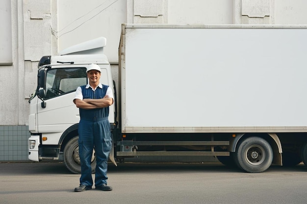 un hombre de pie frente a un camión blanco