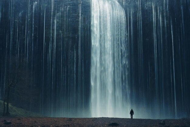 Foto hombre de pie frente a una cascada en el bosque de niebla