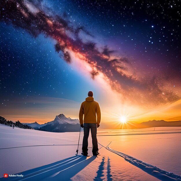 Foto un hombre está de pie frente a un cielo lleno de estrellas con un cielo llano de estrellas y un cielo llono de estrellas