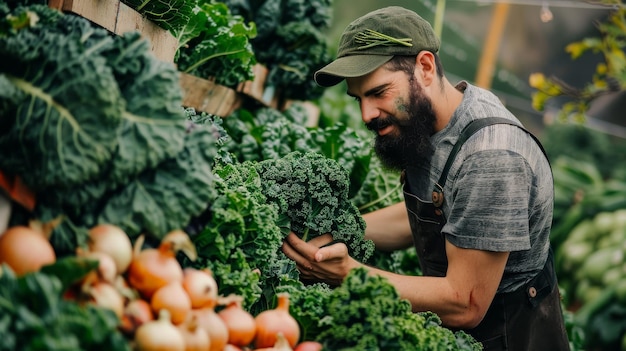 Un hombre de pie frente a una colorida variedad de verduras frescas examinándolas de cerca