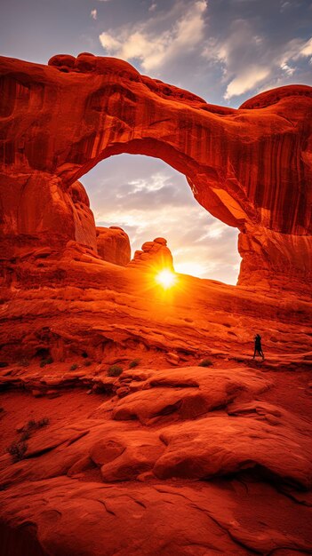 Foto un hombre está de pie frente a una cueva con el sol brillando a través de la abertura