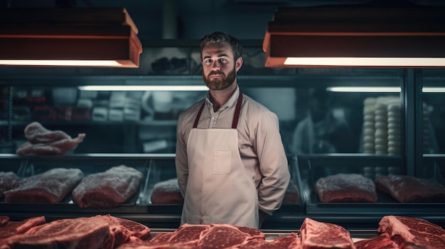 Hombre de pie frente a los estantes con carne cruda Macho carnicero o tendero que trabaja en una carnicería moderna