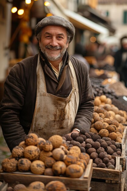 Foto hombre de pie frente a la exhibición de nueces