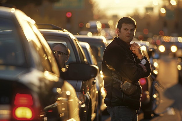 Foto un hombre de pie frente a una fila de coches estacionados