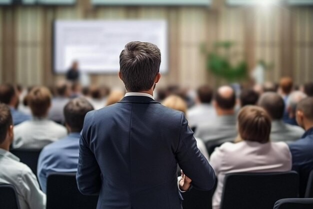 Foto un hombre está de pie frente a una gran audiencia con un hombre en traje y las palabras no