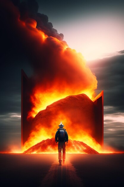Foto un hombre de pie frente a una gran puerta con una gran nube de humo