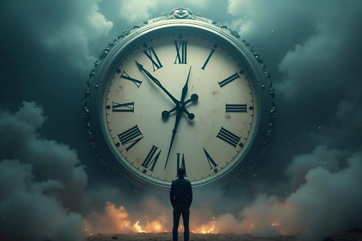 un hombre de pie frente a un gran reloj