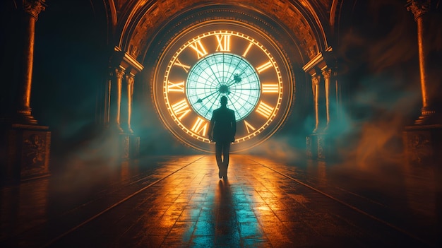 Foto hombre de pie frente a un gran reloj