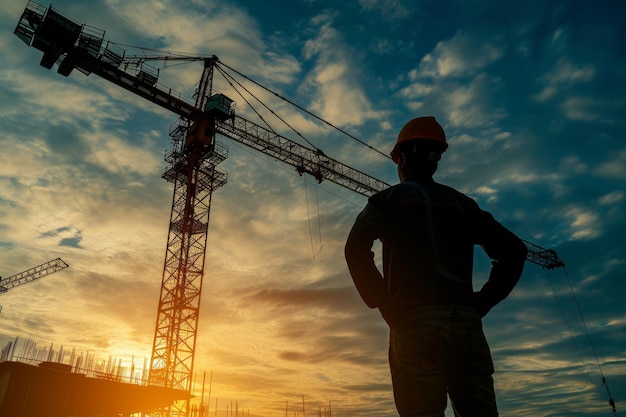 Hombre de pie frente a una grúa de construcción