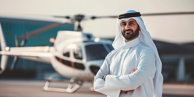 Foto un hombre de pie frente a un helicóptero