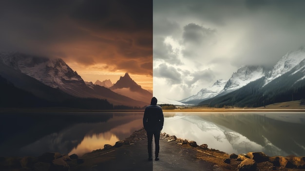 Foto el hombre está de pie frente a un hermoso lago