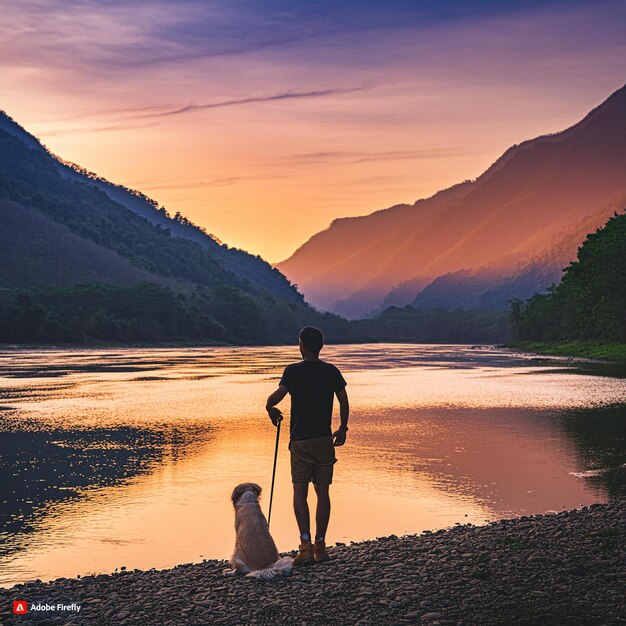 Foto un hombre está de pie frente a un lago con un perro y una montaña en el fondo