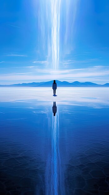 Foto un hombre de pie frente a un lago con el reflejo de un hombre en el agua