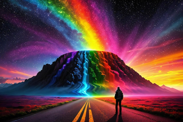 Foto un hombre de pie frente a una montaña colorida