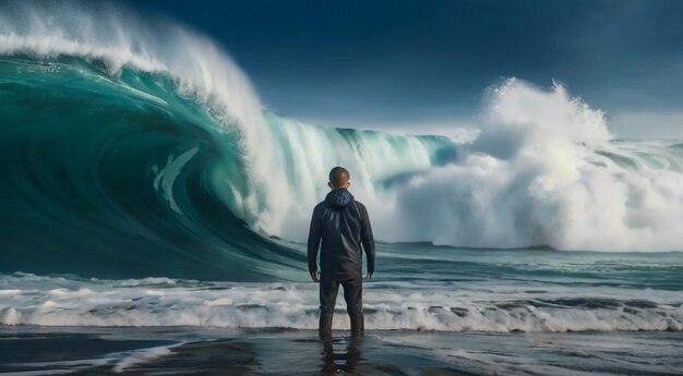 Foto un hombre está de pie frente a una ola que se está estrellando en la playa