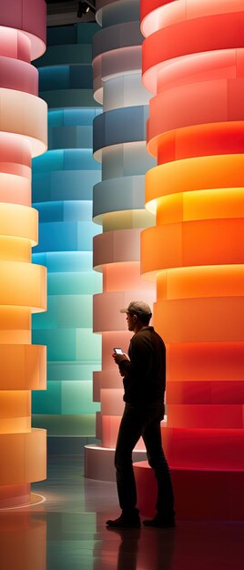 Foto un hombre está de pie frente a una pared de coloridas pilas de vasos de plástico