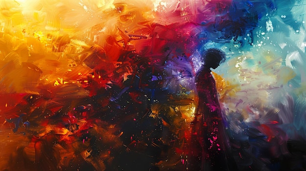 un hombre de pie frente a una pintura abstracta colorida