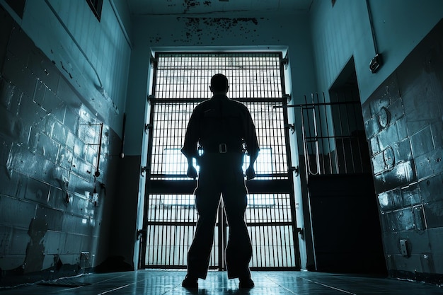 Foto un hombre está de pie frente a la puerta de una celda de la cárcel