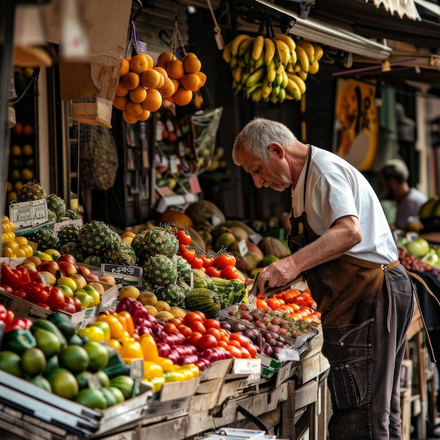 Foto un hombre está de pie frente a un puesto de frutas con un letrero que dice 