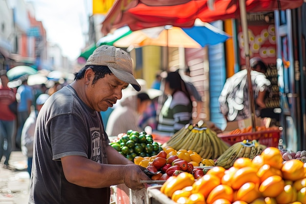 Un hombre de pie frente a un puesto de frutas