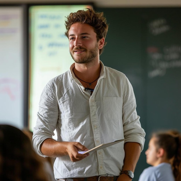 un hombre de pie frente a una sala de clase