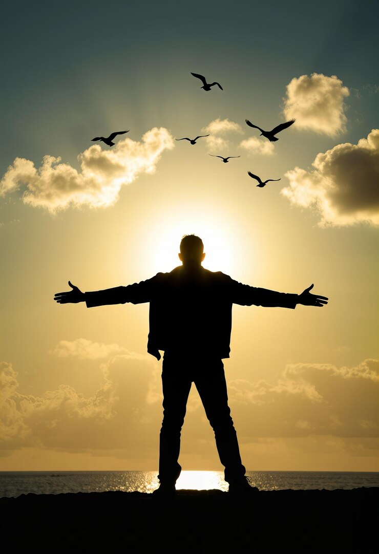 un hombre de pie frente a un sol con pájaros volando por encima de él