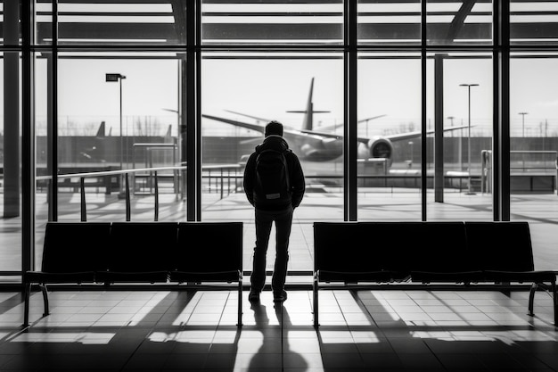 Hombre de pie frente a la ventana del aeropuerto