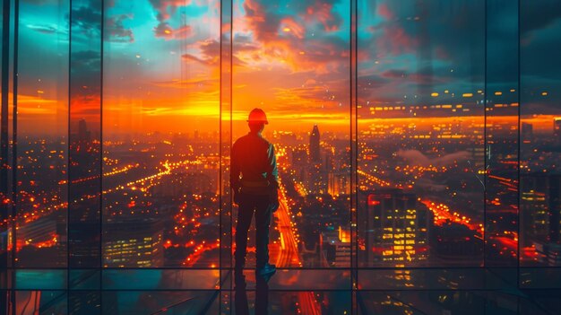 Hombre de pie frente a la ventana de la ciudad