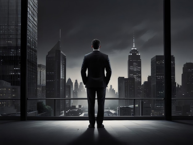Foto hombre de pie frente a una ventana con un horizonte de la ciudad en el fondo