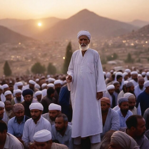 Foto un hombre está de pie en un grupo de personas con el sol poniéndose detrás de él