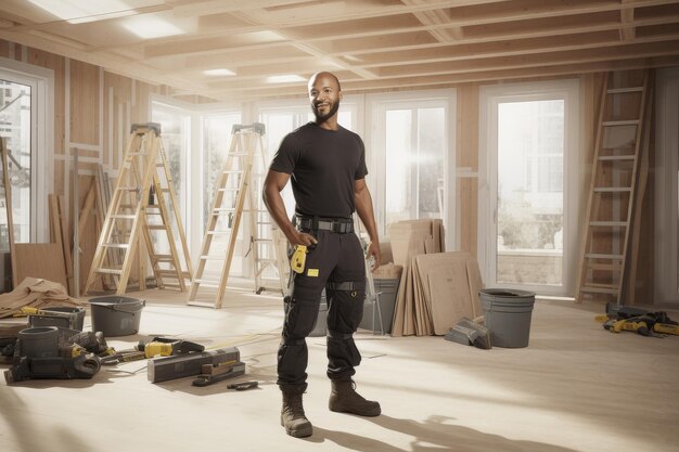 Foto hombre de pie en una habitación con herramientas de construcción