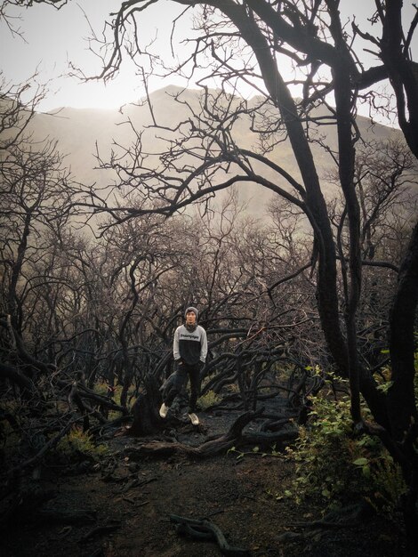 Foto hombre de pie junto a árboles desnudos en el bosque