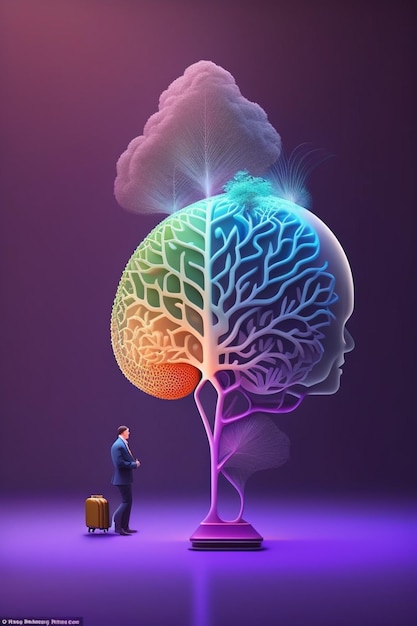 Foto un hombre está de pie junto a un cerebro con un árbol.