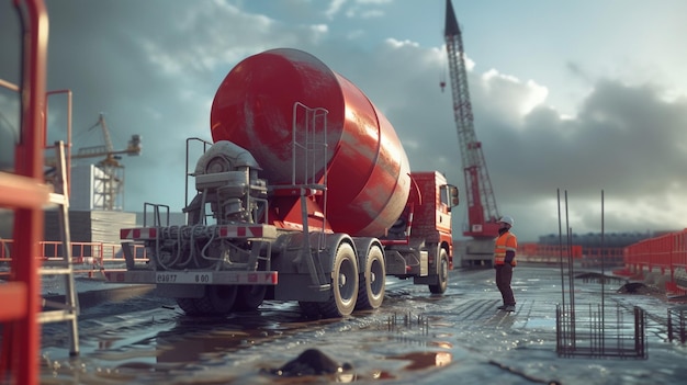 Foto hombre de pie junto a un gran camión rojo en el sitio de construcción de trabajadores de mezcladores de hormigón imagen