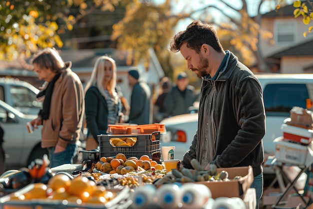 Un hombre de pie junto a una mesa llena de naranjas y otras frutas frente a un edificio