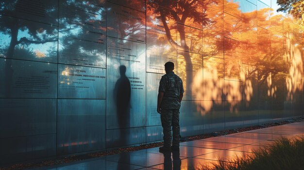 Foto hombre de pie junto a la pared en la lluvia día de conmemoración