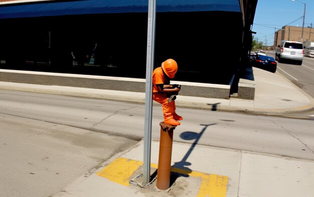 Foto un hombre está de pie junto a un poste con un letrero que dice no uses un teléfono