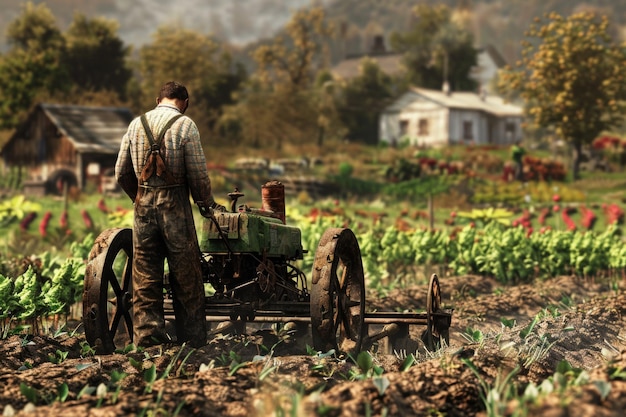 Foto un hombre de pie junto a un tractor en un campo adecuado para conceptos agrícolas