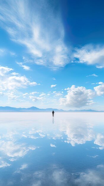 Foto un hombre está de pie en un lago frente a las montañas