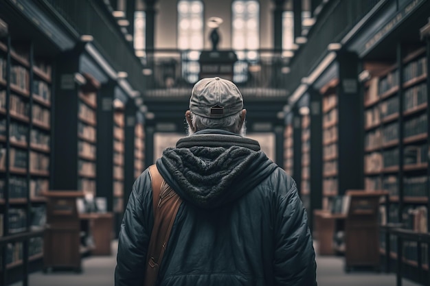 Hombre de pie en medio de la ilustración de la biblioteca IA generativa