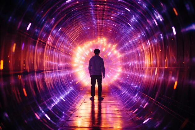 Foto un hombre de pie en el medio de un túnel con luces brillantes