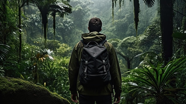 un hombre de pie mirando el bosque tropical de lluvia profundidad del campo con fondo de bosque