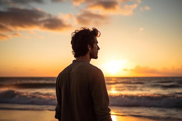 un hombre de pie y mirando el cielo a la orilla del mar al atardecer