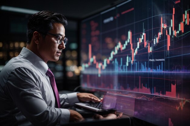 Un hombre de pie y mirando el gráfico del mercado de valores