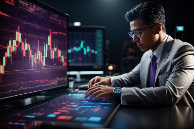 Un hombre de pie y mirando el gráfico del mercado de valores