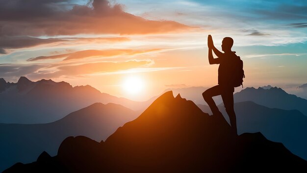 Foto un hombre está de pie en una montaña con el sol detrás de él