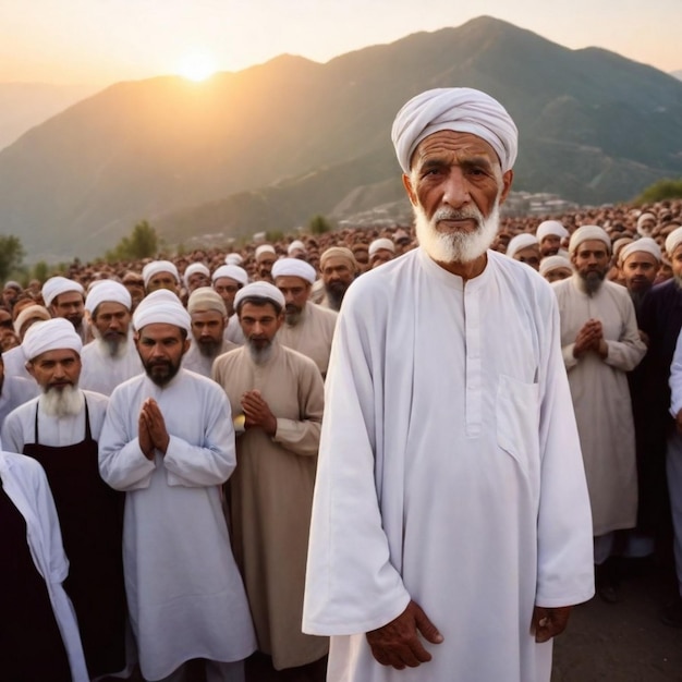 Foto un hombre está de pie en una multitud de personas con el sol detrás de él