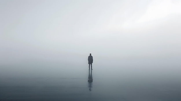 Foto un hombre está de pie en la niebla con un hombre de pie en la niebla