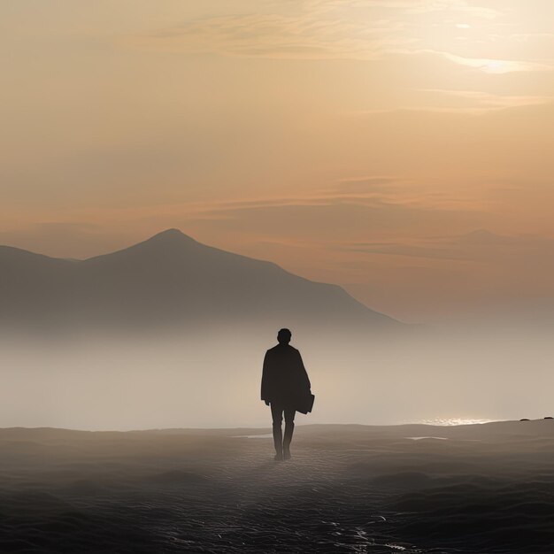 Foto un hombre está de pie en la niebla y el sol se está poniendo